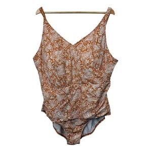 D&Co. Beach Orange Paisley One Piece Swimsuit V-Neck Comfy Beach Plus‎ Size 28W